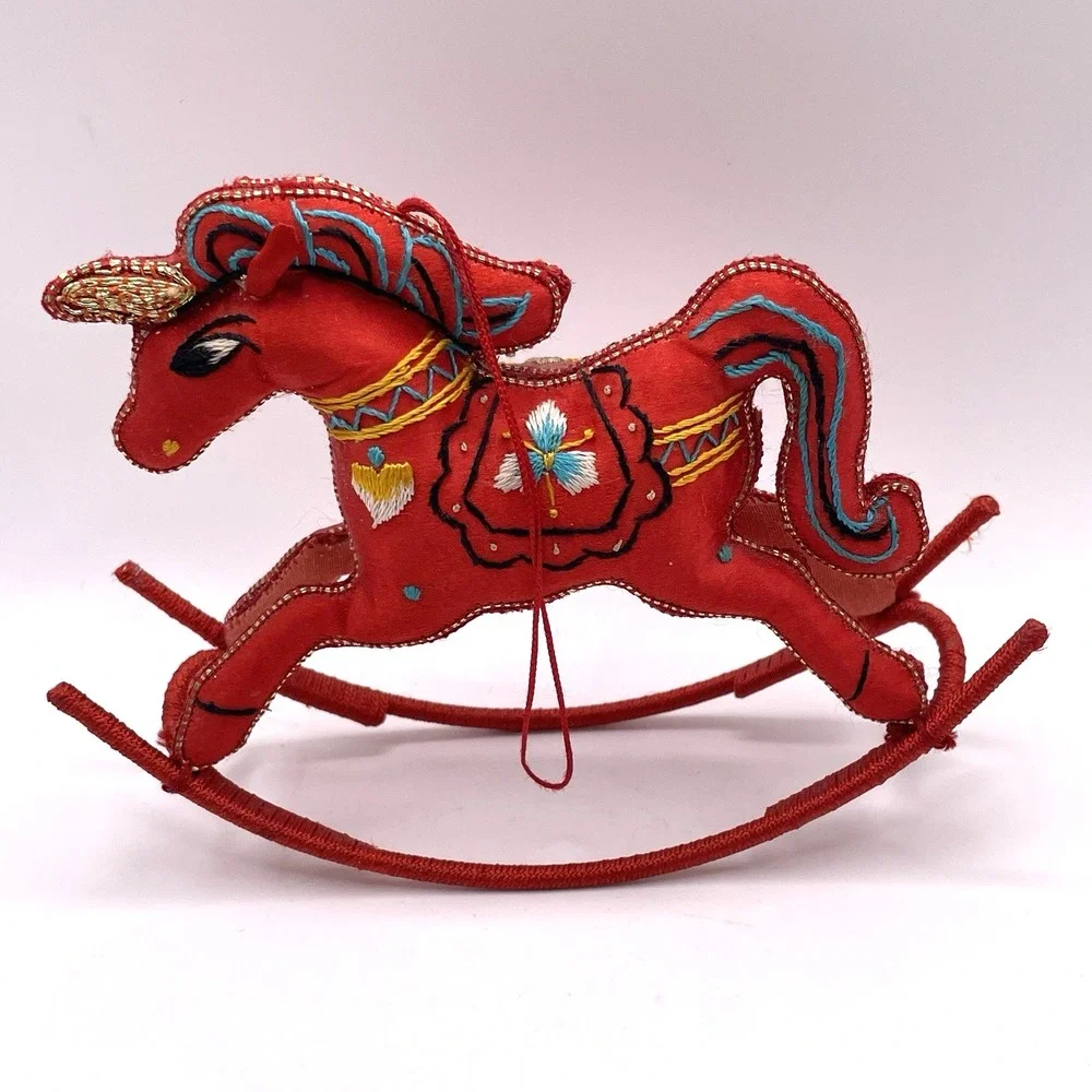 Vintage Chinese Silk Rocking Unicorn Christmas Ornament Embroidered Satin‎